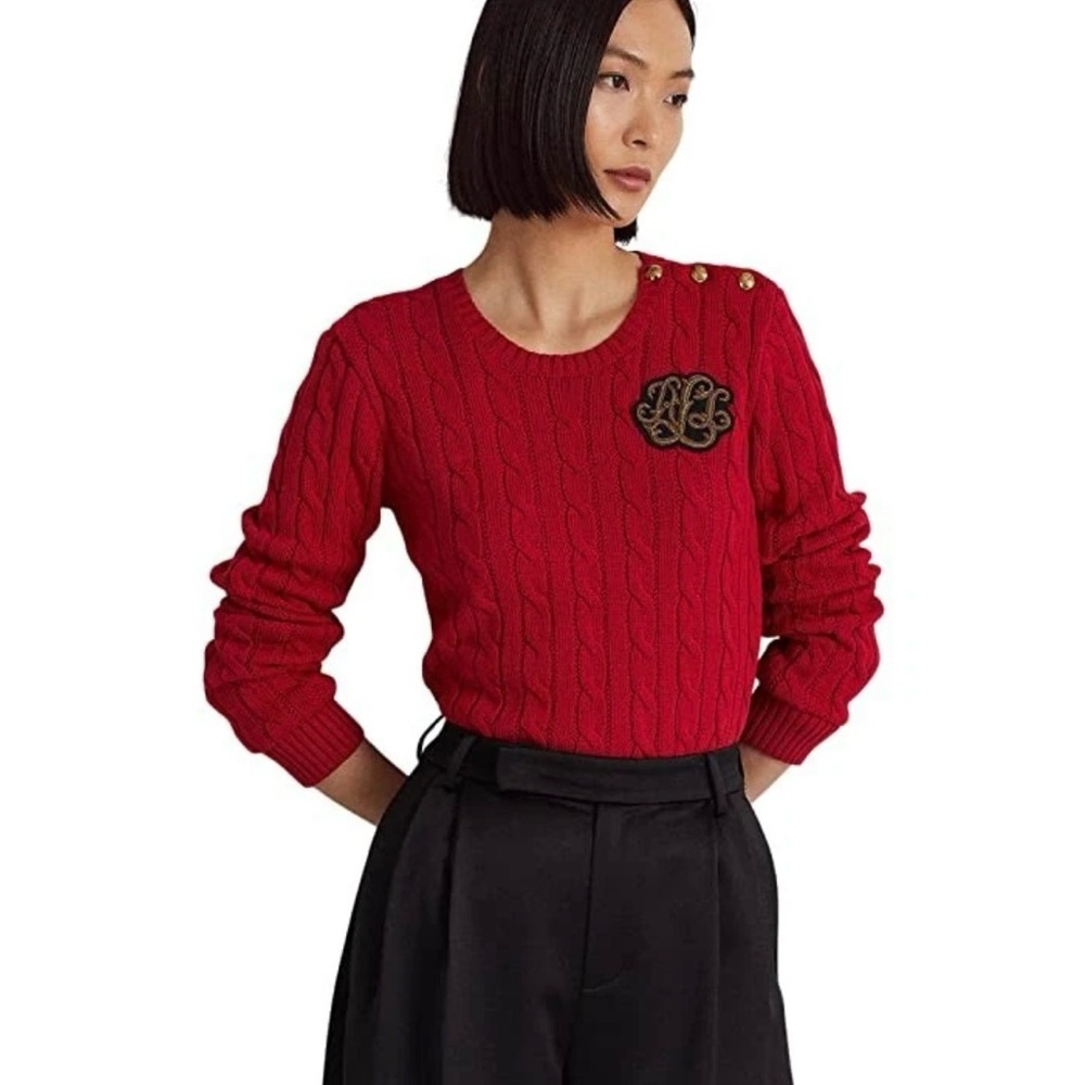 LAUREN RALPH LAUREN BUTTON  TRIM CABLE KNIT COTTON SWEATER RED NWT